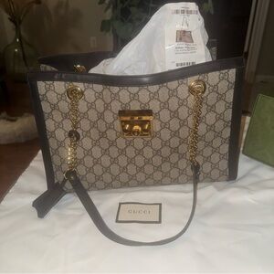 Gucci Beige and Black Tote with Gold Accents